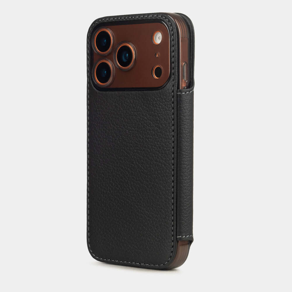 Black Calfskin Wallet Case iPhone 17 Pro Max orange - view from camera side and how the lenses are efficiently protected
