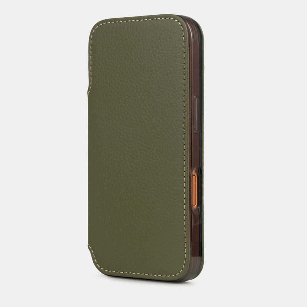 Green Calfskin Wallet Case iPhone 17 Pro Max – luxury handmade phone case in genuine leather with magnetic front cover closed, main photo
