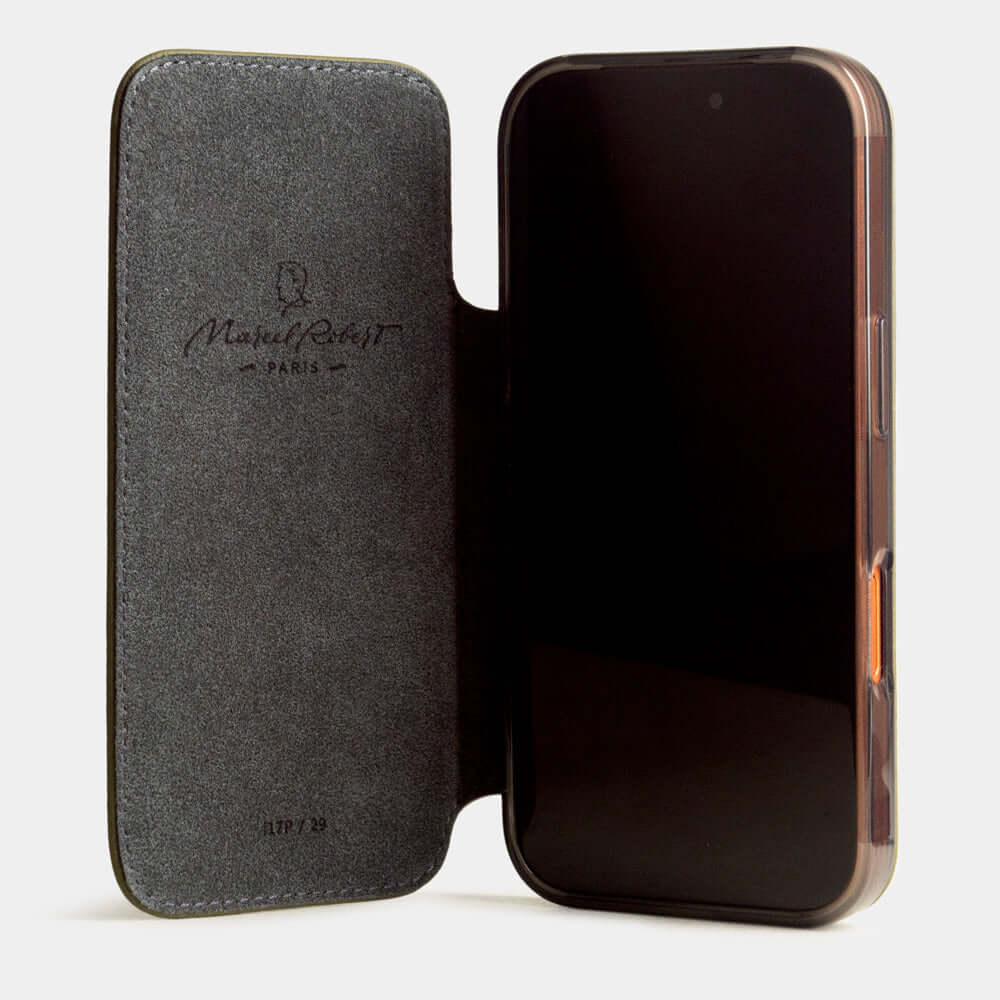 Green Calfskin Wallet Case iPhone 17 Pro Max - case with grey Alcantara lining shown open on smartphone