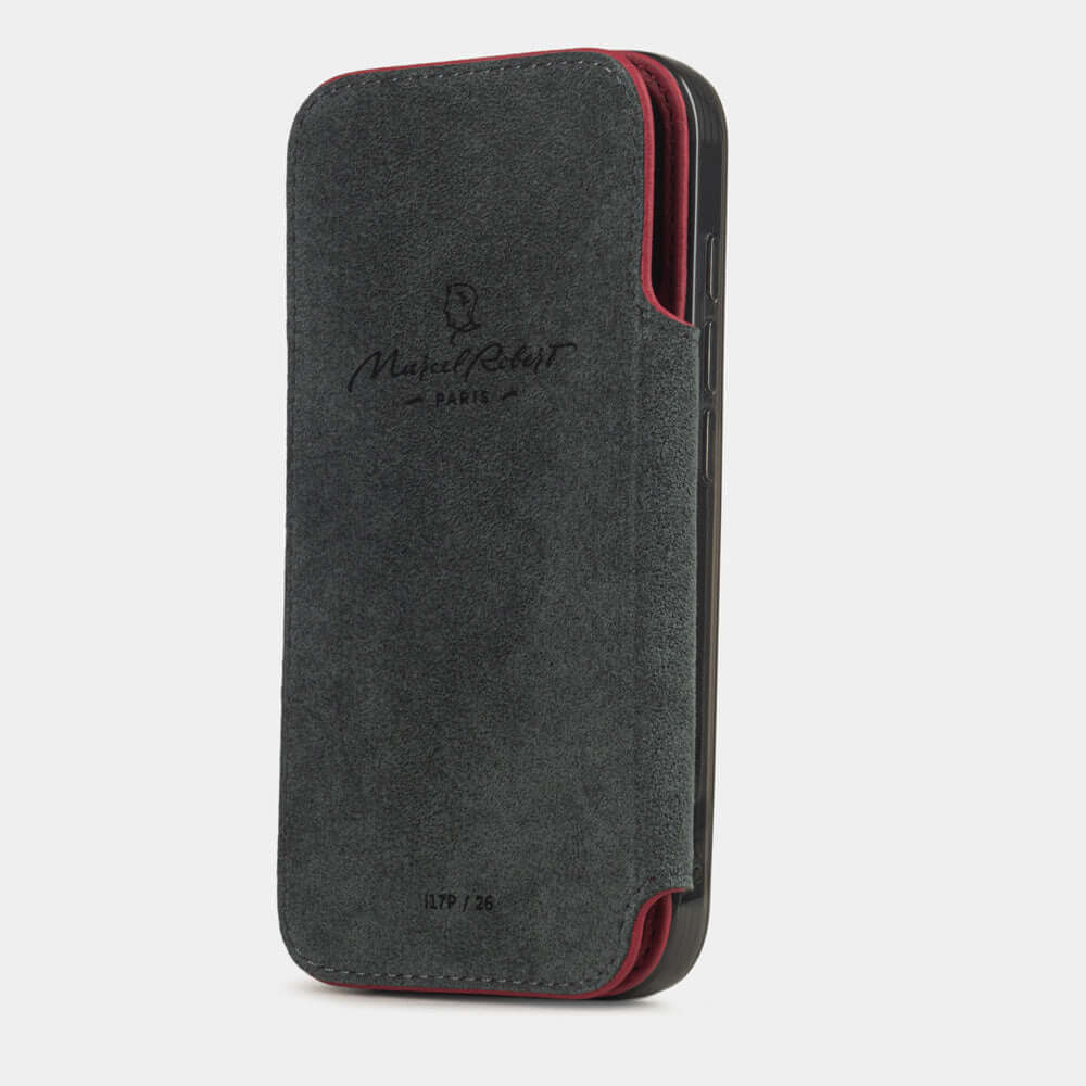 Red Calfskin Wallet Case iPhone 17 Pro Max - interior view showing grey Alcantara lining with magnetic closure, designed to protect the screen