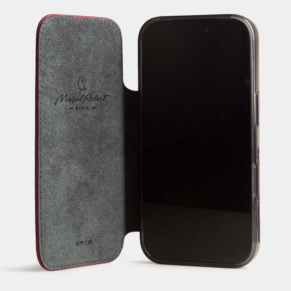 Red Calfskin Wallet Case iPhone 17 Pro Max - case with grey Alcantara lining shown open on smartphone