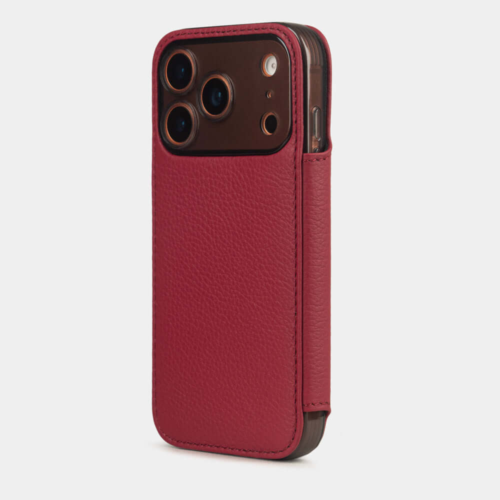 Red Calfskin Wallet Case iPhone 17 Pro Max orange - view from camera side and how the lenses are efficiently protected
