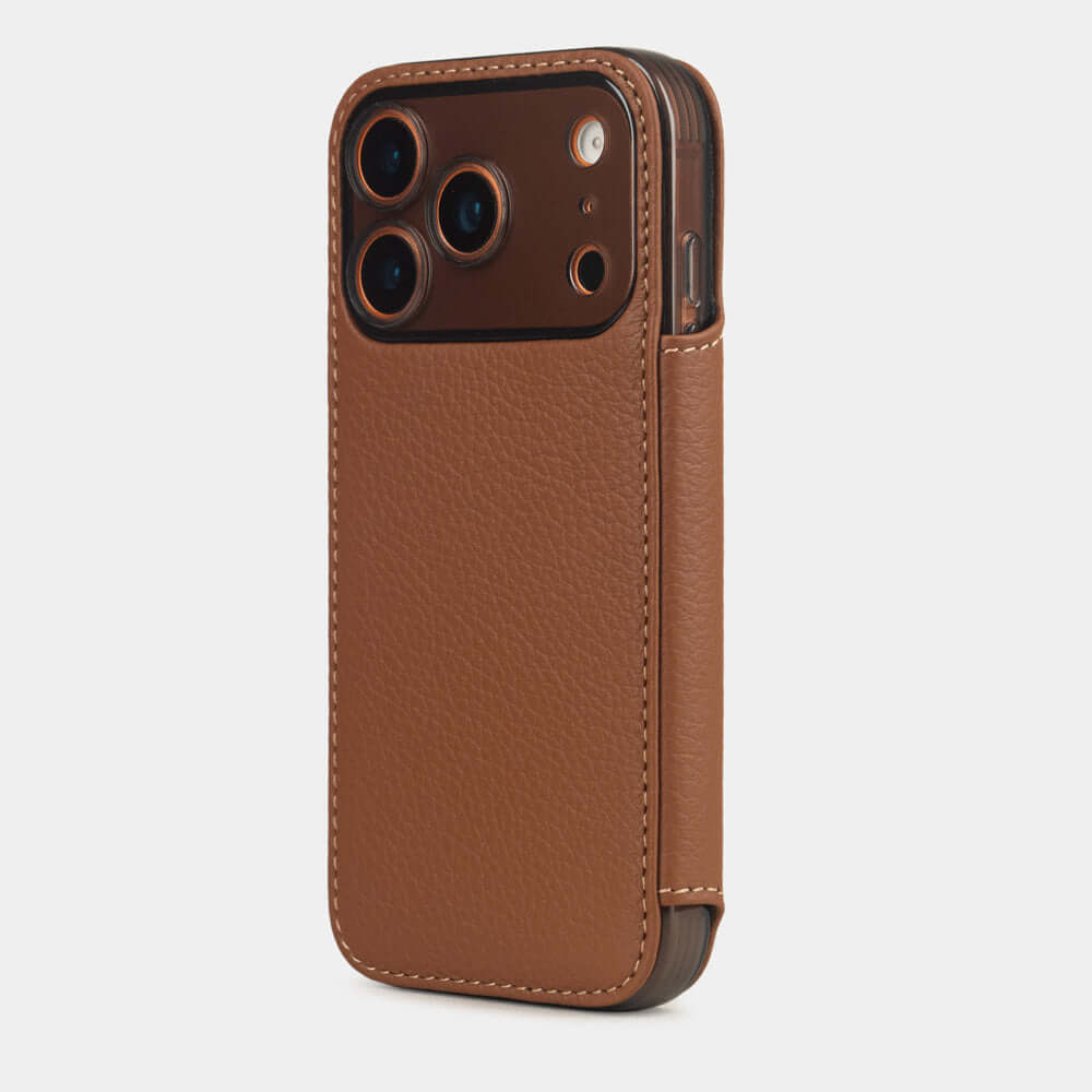 Gold Calfskin Wallet Case iPhone 17 Pro Max orange - view from camera side and how the lenses are efficiently protected
