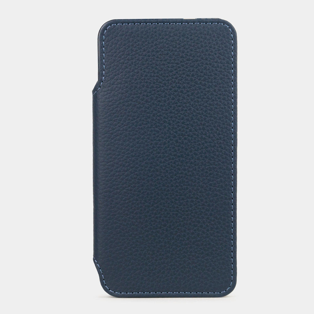 Samsung S24 Plus Leder-Folio-Hülle in blauem Kalbsleder, Panel geschlossen — Vorderansicht