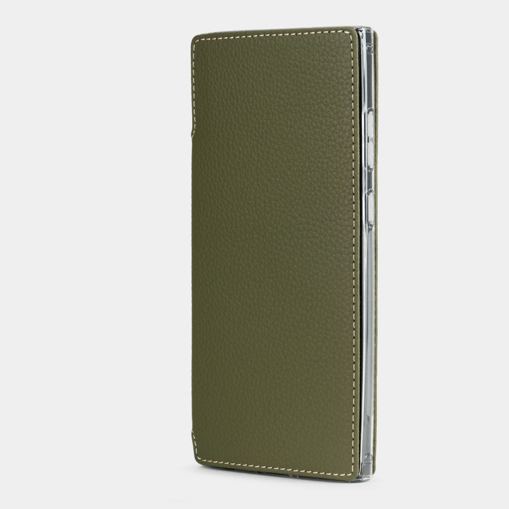 Kalfsleren walletcase Groen voor Samsung Galaxy S24 Ultra – slank leren folio-hoesje gesloten, zijaanzicht