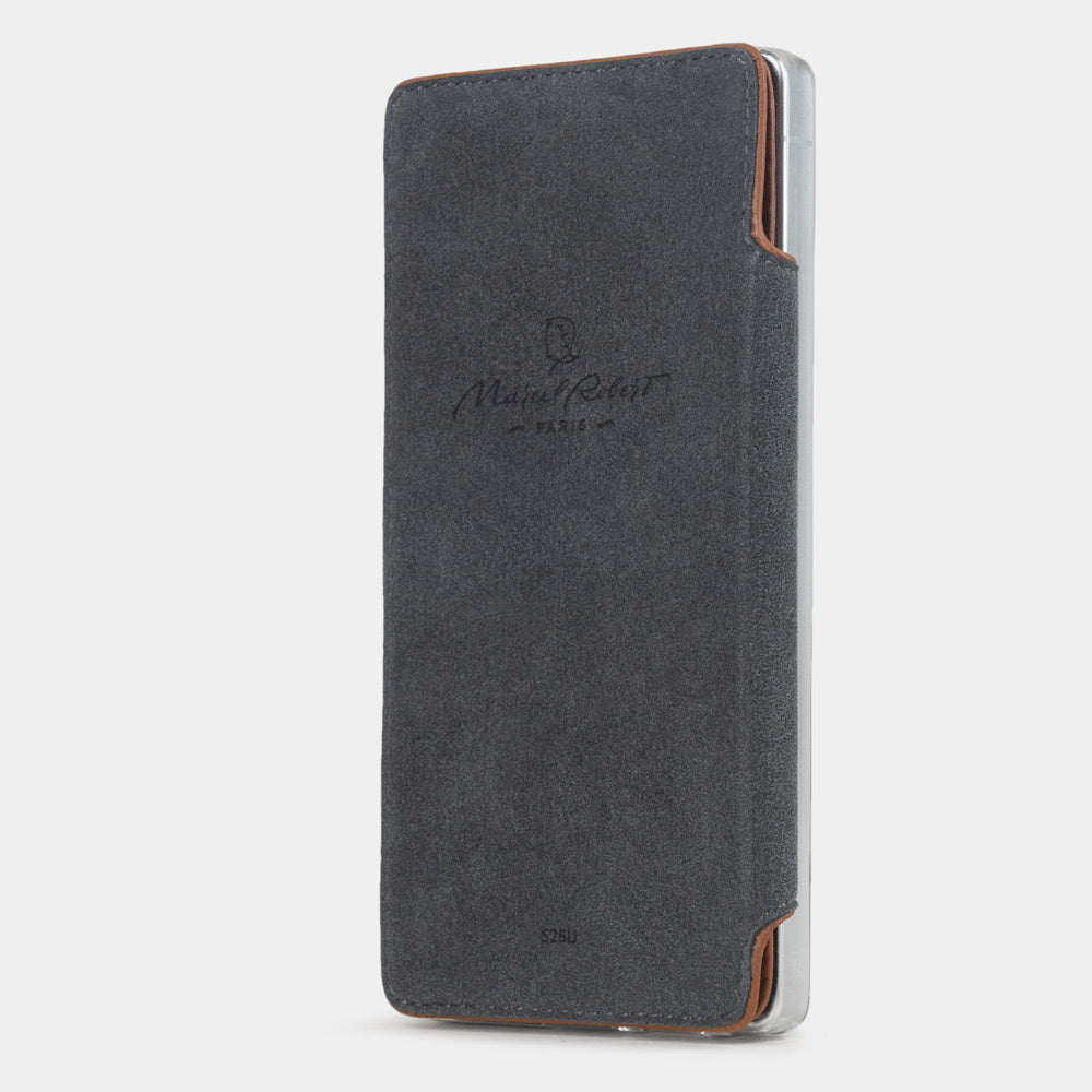 Gold calfskin wallet case for Samsung Galaxy S24 Ultra – folio panel folded flat against the back thanks to embedded magnets and showing the Alcantara® lining