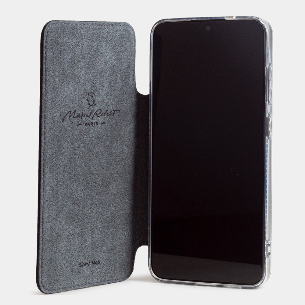 Innenseite der Samsung S24 Plus schwarzen Leder-Folio-Hülle, Alcantara-Futter mit geprägtem Marcel Robert Paris Logo
