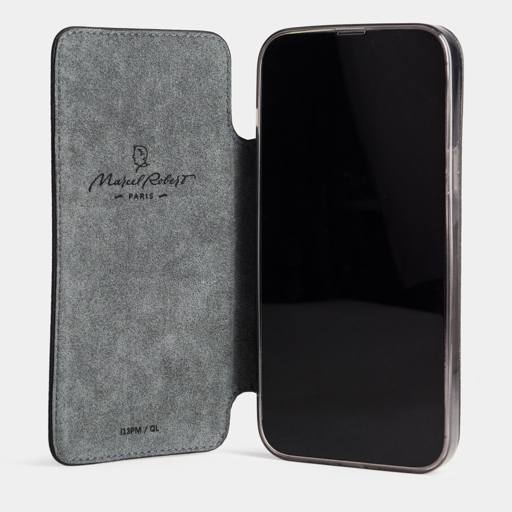 Black calfskin leather folio case for iPhone 15 Pro – folio open, showing the Alcantara® lining and the screen