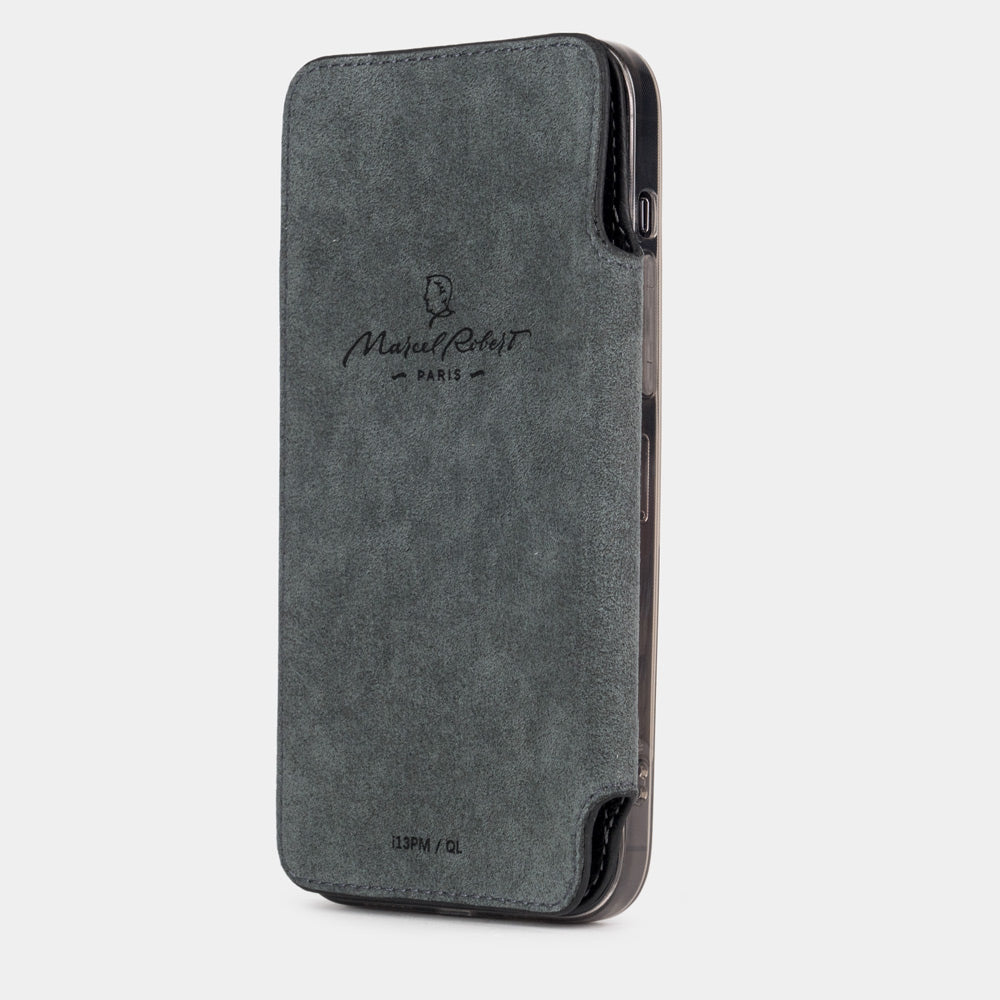 Black calfskin leather folio case for iPhone 15 Pro – folio folded flat against the back, Alcantara® lining facing out