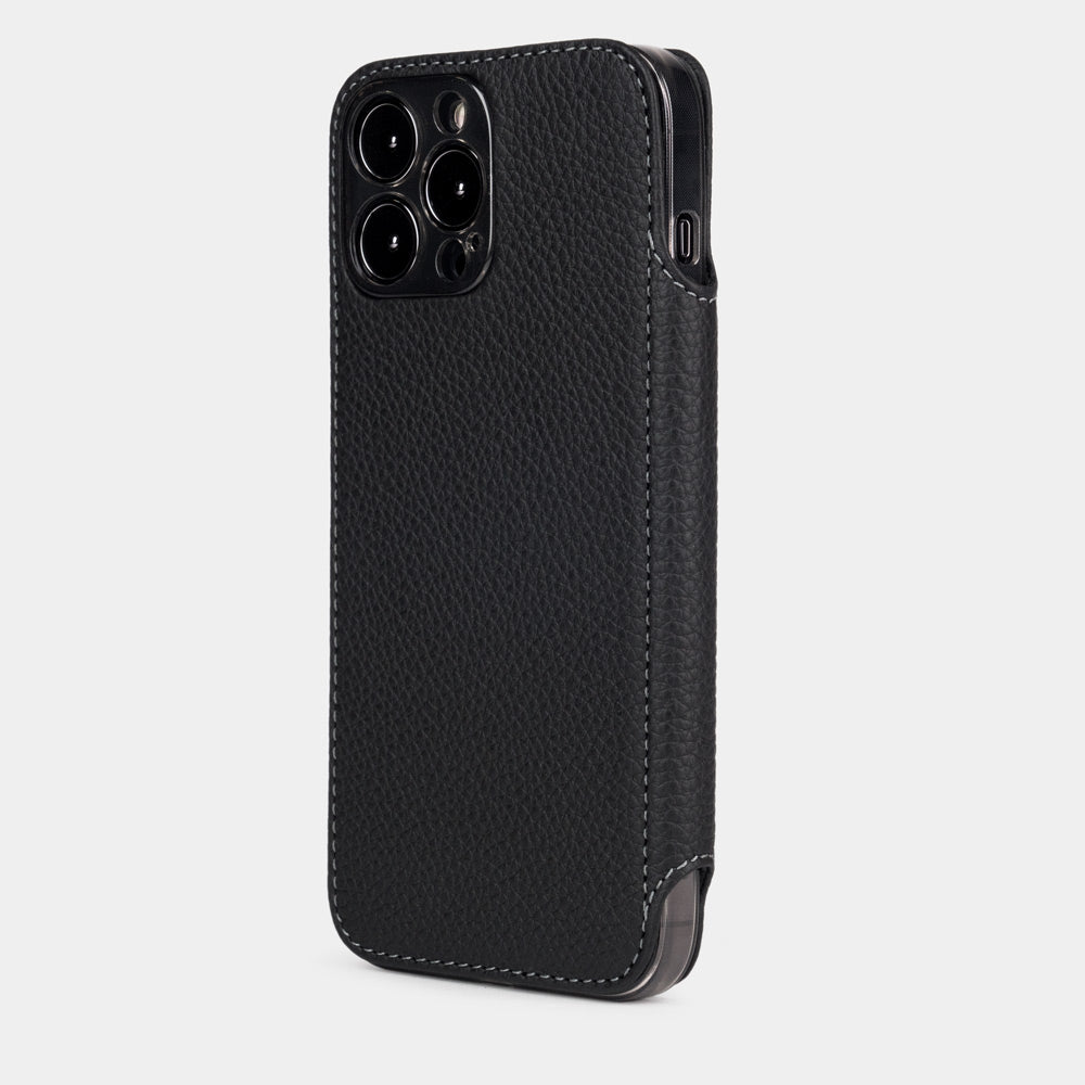 Black calfskin leather folio case for iPhone 15 Pro – back view showing the camera cutout and hand-stitched edges
