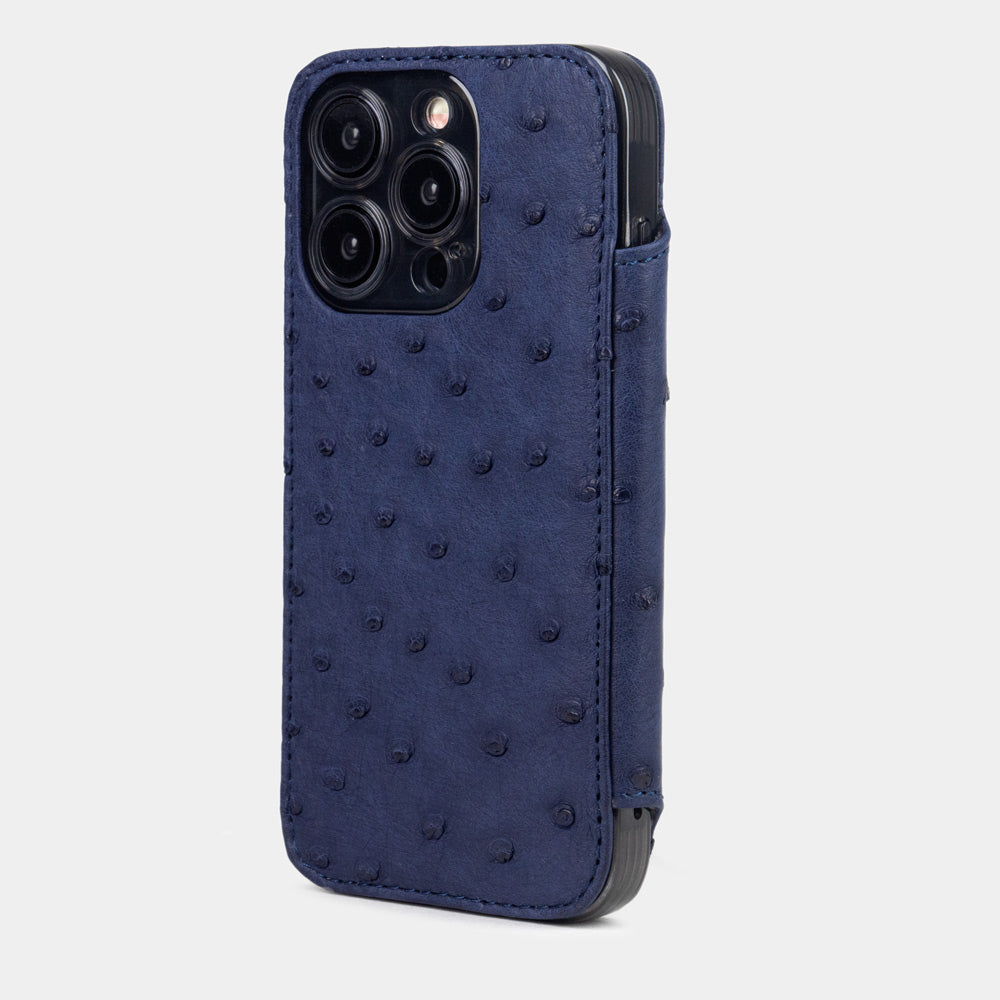 Blue Ostrich Wallet Case iPhone 15 Pro Max - view from camera side and how the lenses are efficiently protected

