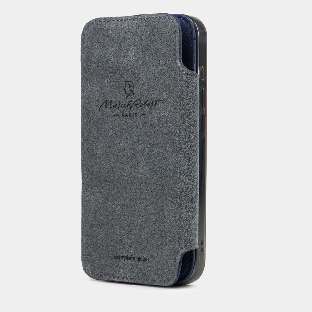 Blue Ostrich Wallet Case iPhone 15 Pro Max - interior view showing grey Alcantara lining with magnetic closure, designed to protect the screen
