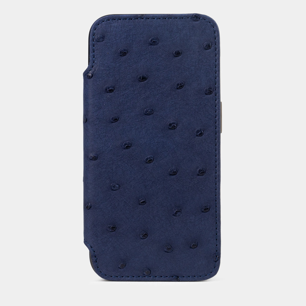 Blue Ostrich Wallet Case iPhone 15 Pro Max – upright closed view highlighting the magnetic front cover fully protecting the screen, elegant silhouette
