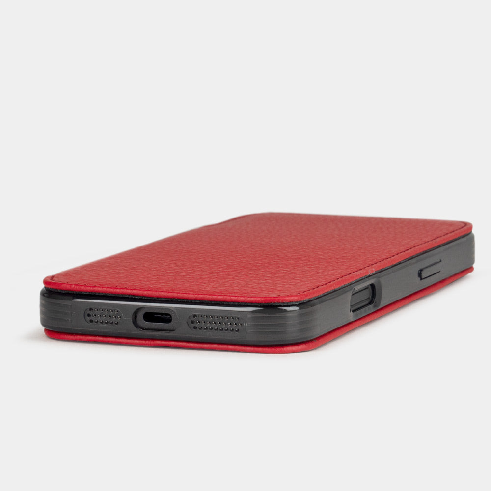 Red Calfskin Wallet Case iPhone 16 Pro Max - flat side view displaying ultra-thin handcrafted design, USB-C port opening and precise edge finishing
