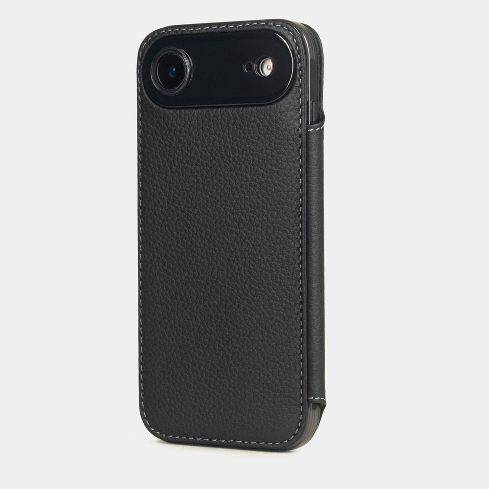 Black Calfskin Wallet Case iPhone 17 Air - view from camera side and how the lenses are efficiently protected
