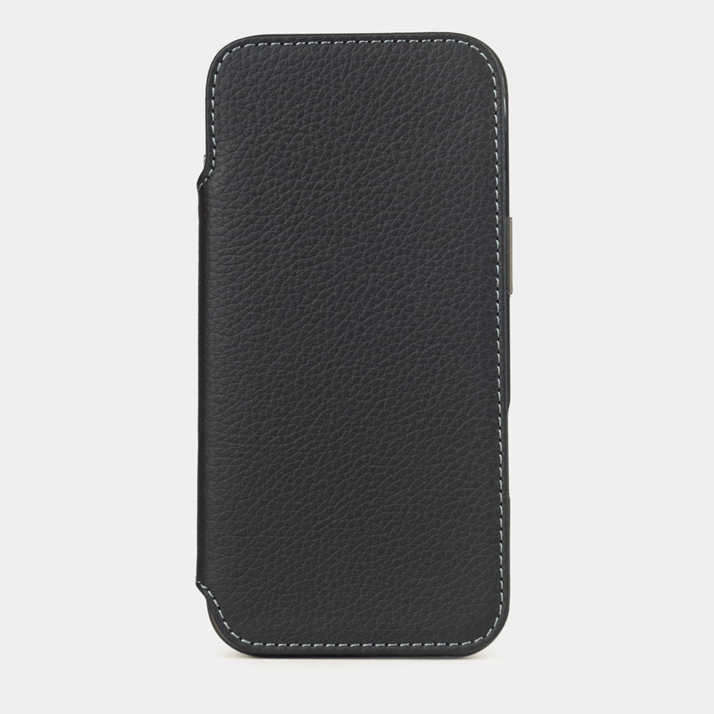 Black Calfskin Wallet Case iPhone 17 Air – upright closed view highlighting the magnetic front cover fully protecting the screen, elegant silhouette

