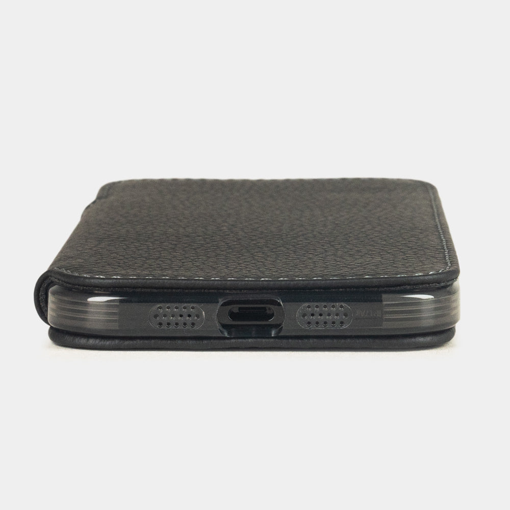 Black Calfskin Wallet Case iPhone 17 Air - flat side view displaying ultra-thin handcrafted design, USB-C port opening and precise edge finishing
