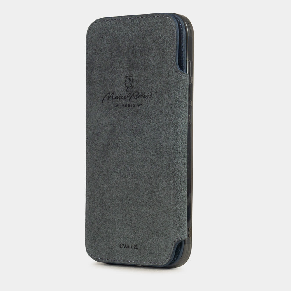 Blue Calfskin Wallet Case iPhone 17 Air - interior view showing grey Alcantara lining with magnetic closure, designed to protect the screen

