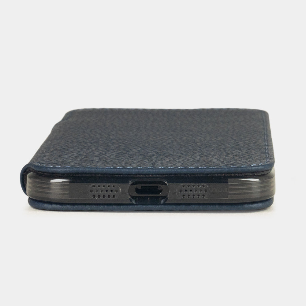 Blue Calfskin Wallet Case iPhone 17 Air - flat side view displaying ultra-thin handcrafted design, USB-C port opening and precise edge finishing
