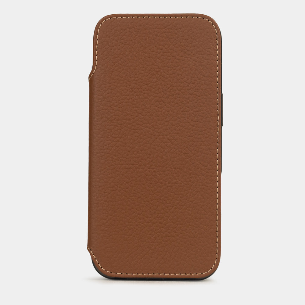 Gold Calfskin Wallet Case iPhone 17 Air – upright closed view highlighting the magnetic front cover fully protecting the screen, elegant silhouette
