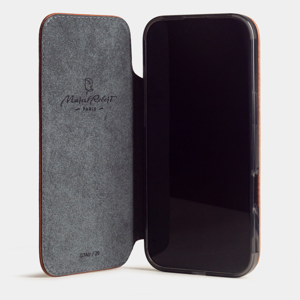 Gold Calfskin Wallet Case iPhone 17 Air - case with grey Alcantara lining shown open on smartphone

