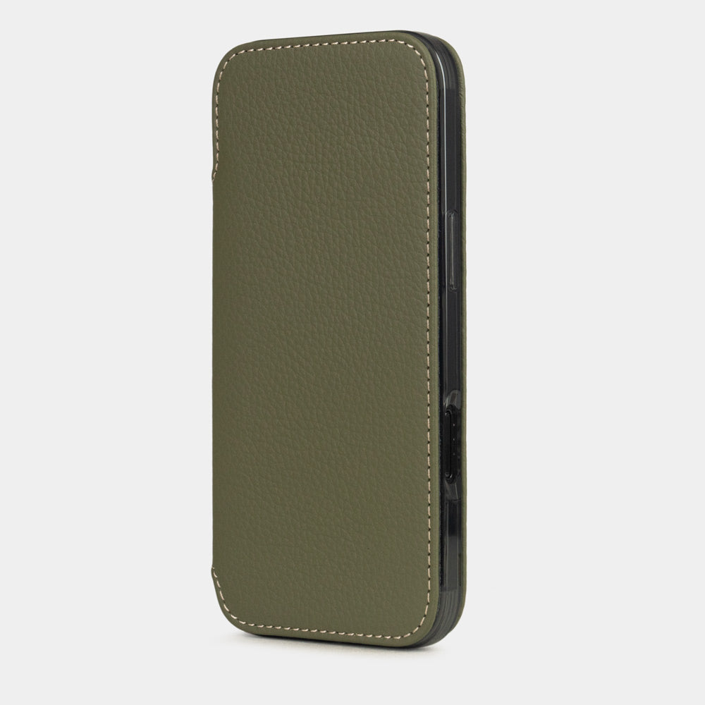 Green Calfskin Wallet Case iPhone 17 Air – luxury handmade phone case in genuine leather with magnetic front cover closed, main photo
