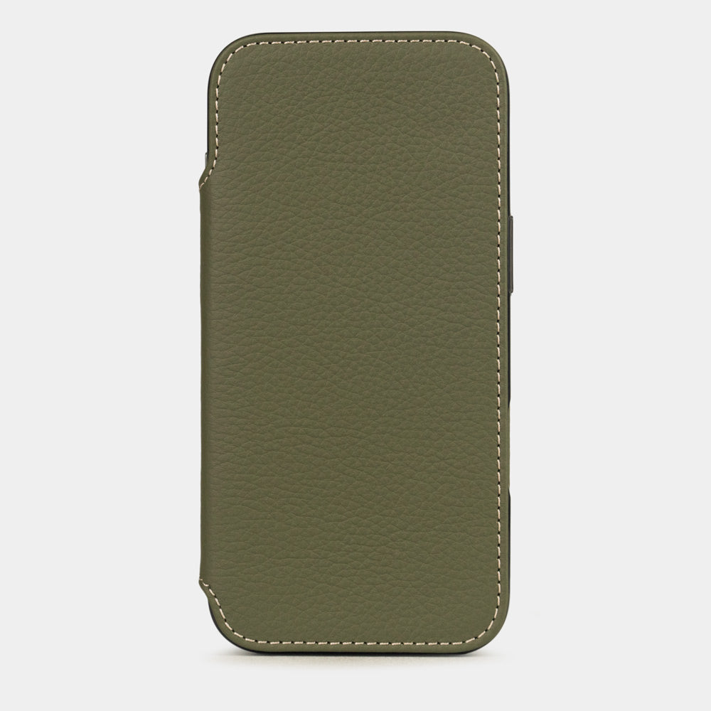 Green Calfskin Wallet Case iPhone 17 Air – upright closed view highlighting the magnetic front cover fully protecting the screen, elegant silhouette
