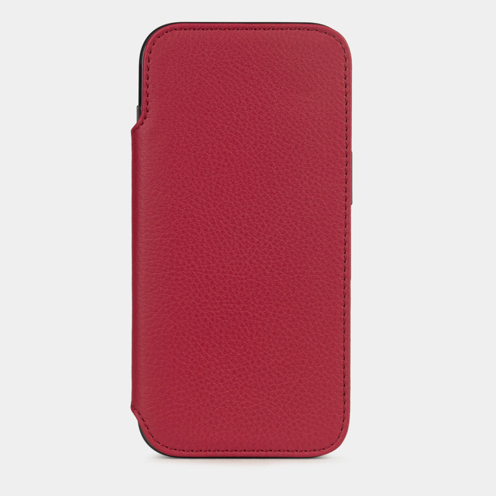 Red Calfskin Wallet Case iPhone 17 Air – upright closed view highlighting the magnetic front cover fully protecting the screen, elegant silhouette

