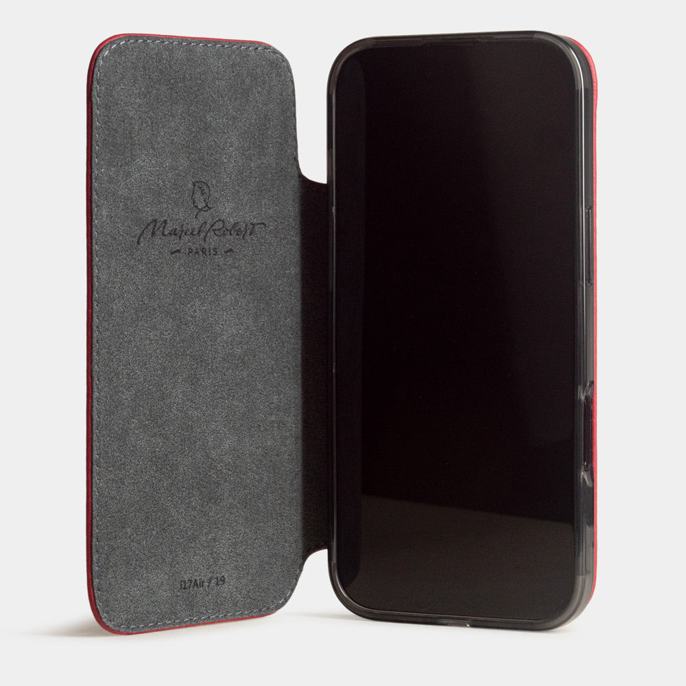 Red Calfskin Wallet Case iPhone 17 Air - case with grey Alcantara lining shown open on smartphone
