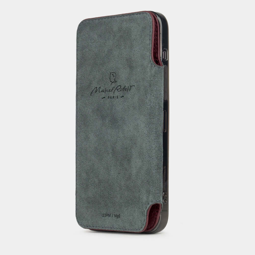 Bordeaux Calfskin Wallet Case iPhone 17 - interior view showing grey Alcantara lining with magnetic closure, designed to protect the screen
