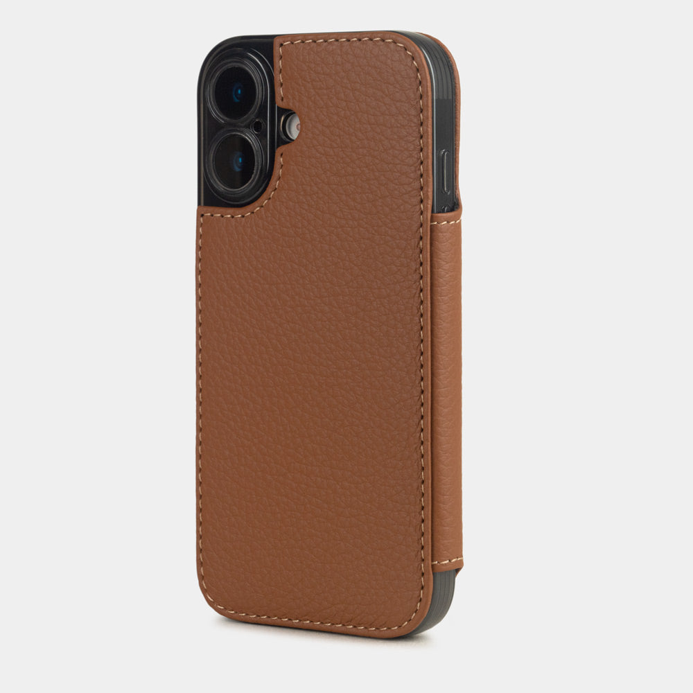 gold leather wallet case iPhone 17 - view from camera side and how the lenses are efficiently protected