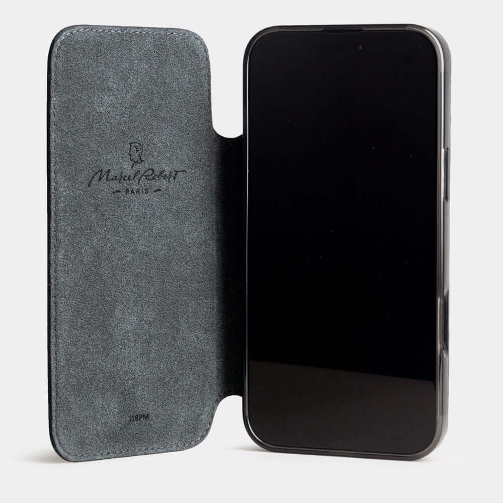 Blue Calfskin Wallet Case iPhone 17 - case with grey Alcantara lining shown open on smartphone

