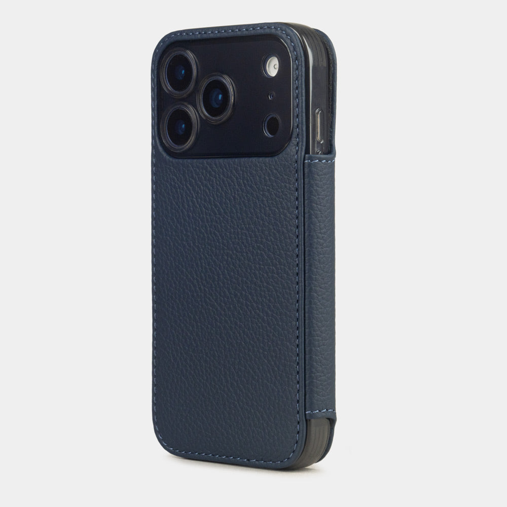 iPhone 17 Pro Max Blue Leather Wallet Case shown from the side displaying a sleek design and premium texture.