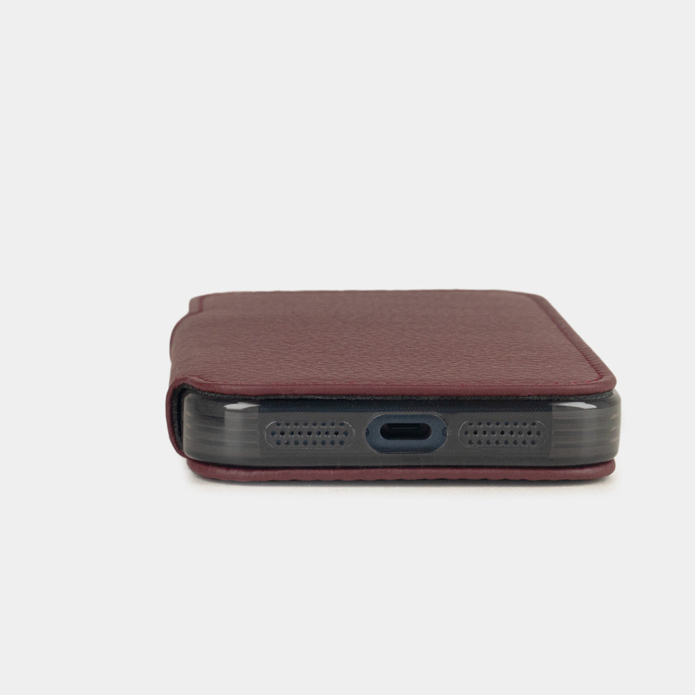Bordeaux Calfskin Wallet Case iPhone 17 Pro Max - flat side view displaying ultra-thin handcrafted design, USB-C port opening and precise edge finishing
