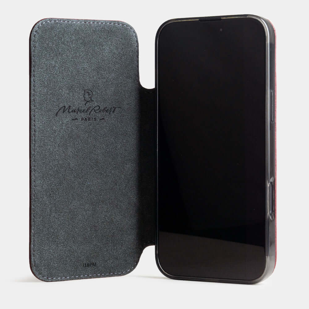 Bordeaux Calfskin Wallet Case iPhone 17 - case with grey Alcantara lining shown open on smartphone
