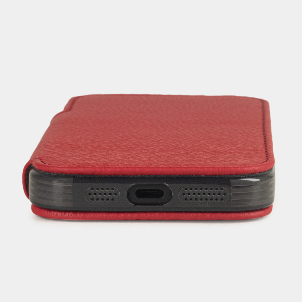 red leather wallet case iPhone 17 - flat side view displaying ultra-thin handcrafted design, USB-C port opening and precise edge finishing