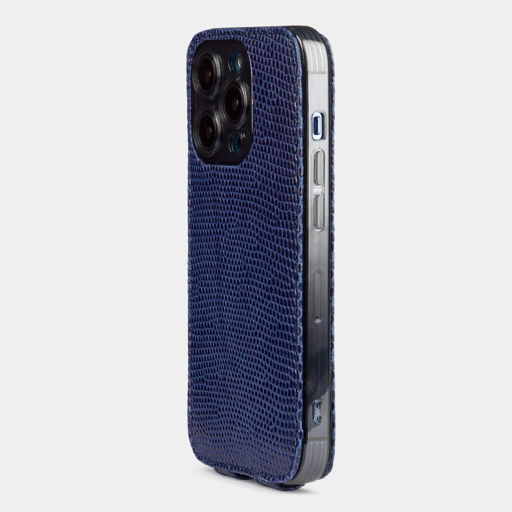iPhone 14 Pro flip case in blue lizard leather – view from the camera side showing how the leather protects the camera block