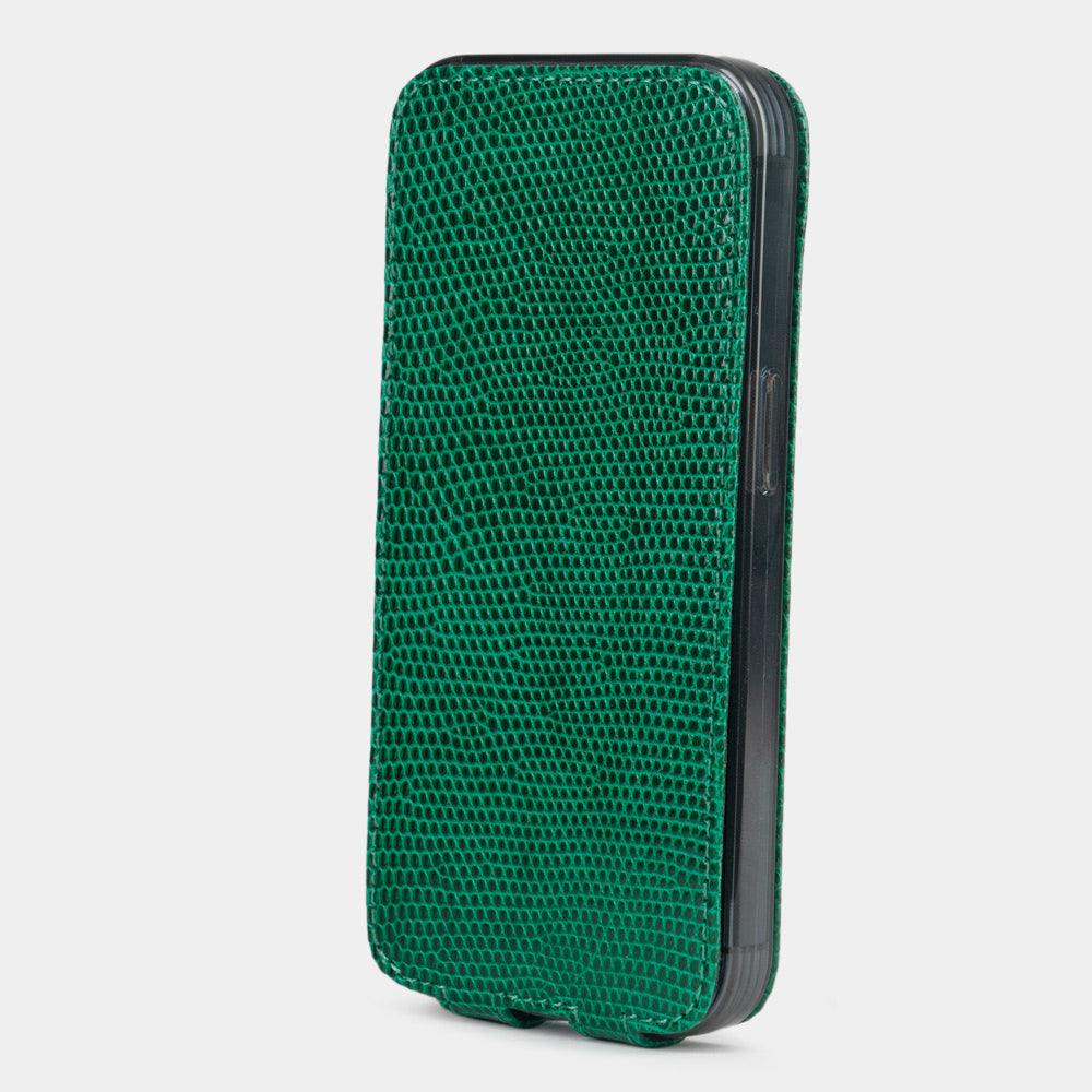 iPhone 14 Pro Max flip case in green lizard leather – Marcel Robert | detail view