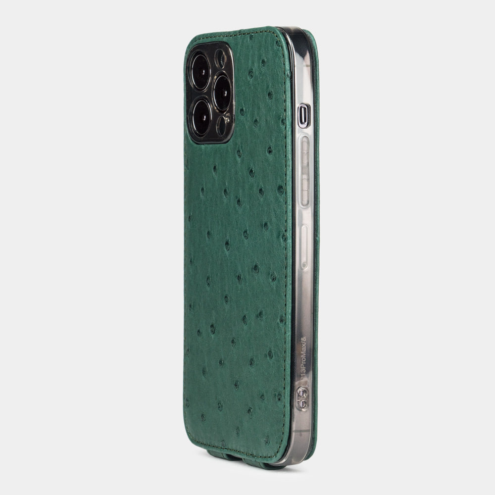 Green ostrich leather flip case for iPhone 14 Pro Max, MagSafe — Marcel Robert